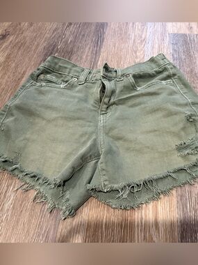 aerie Olive Green Frayed-Hem Denim Shorts